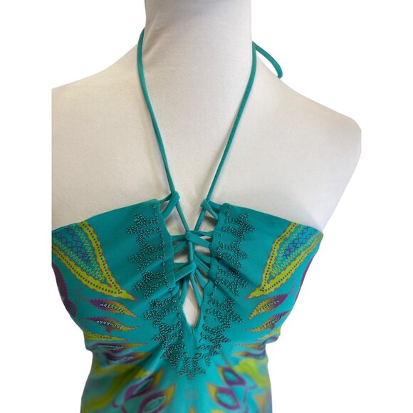Kitty Printed Halter Dress Green Size L Y2K Retro Club Glam Night Out Party Boho - Picture 9 of 13